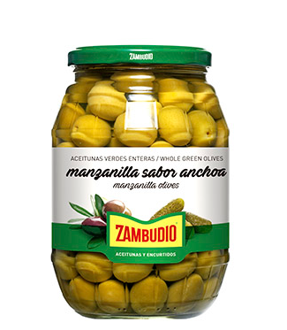 ACEITUNAS ZAMBUDIO CON HUESO MANZANILLA SABOR ANCHOA 650GR