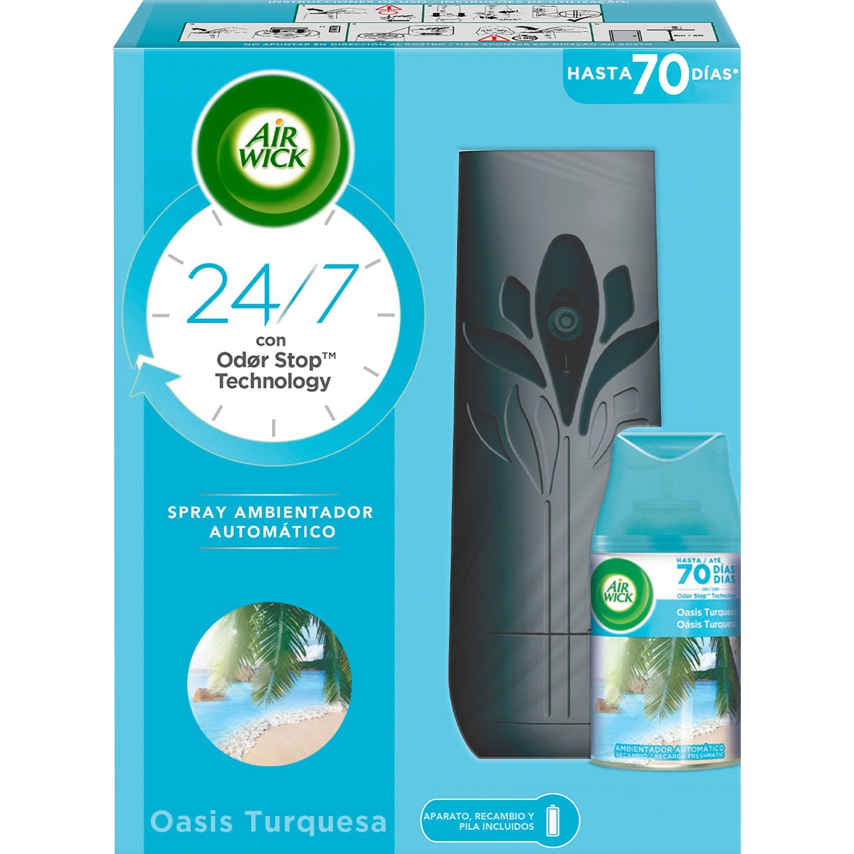 AMBIENTADOR AIR WICK APARATO+RECAMBIO SPRAY 250 ML OASIS TURQUESA