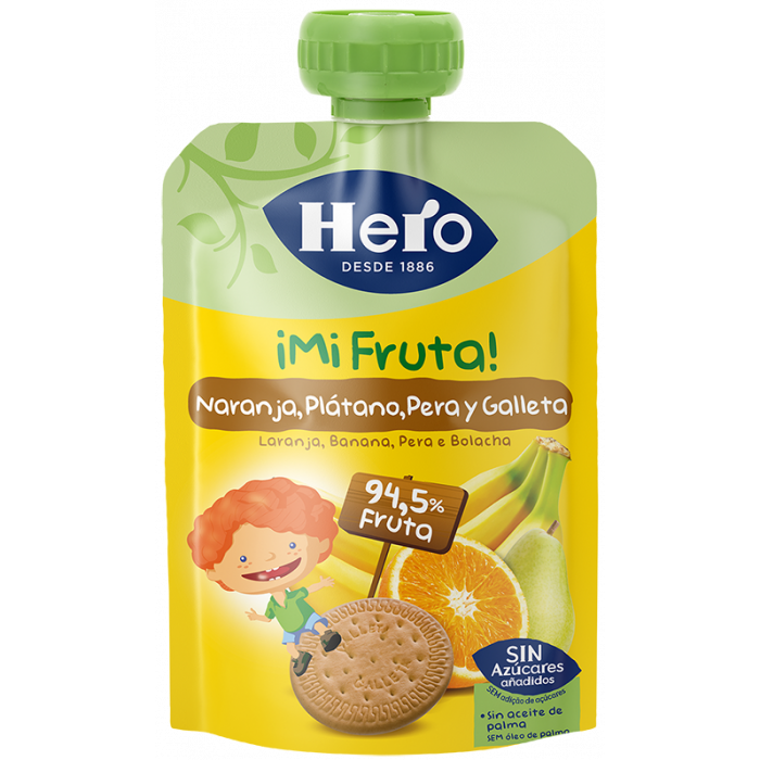 BOLSITA HERO MI FRUTA CON NARANJA PLATANO PERA Y GALLETA 100GRS