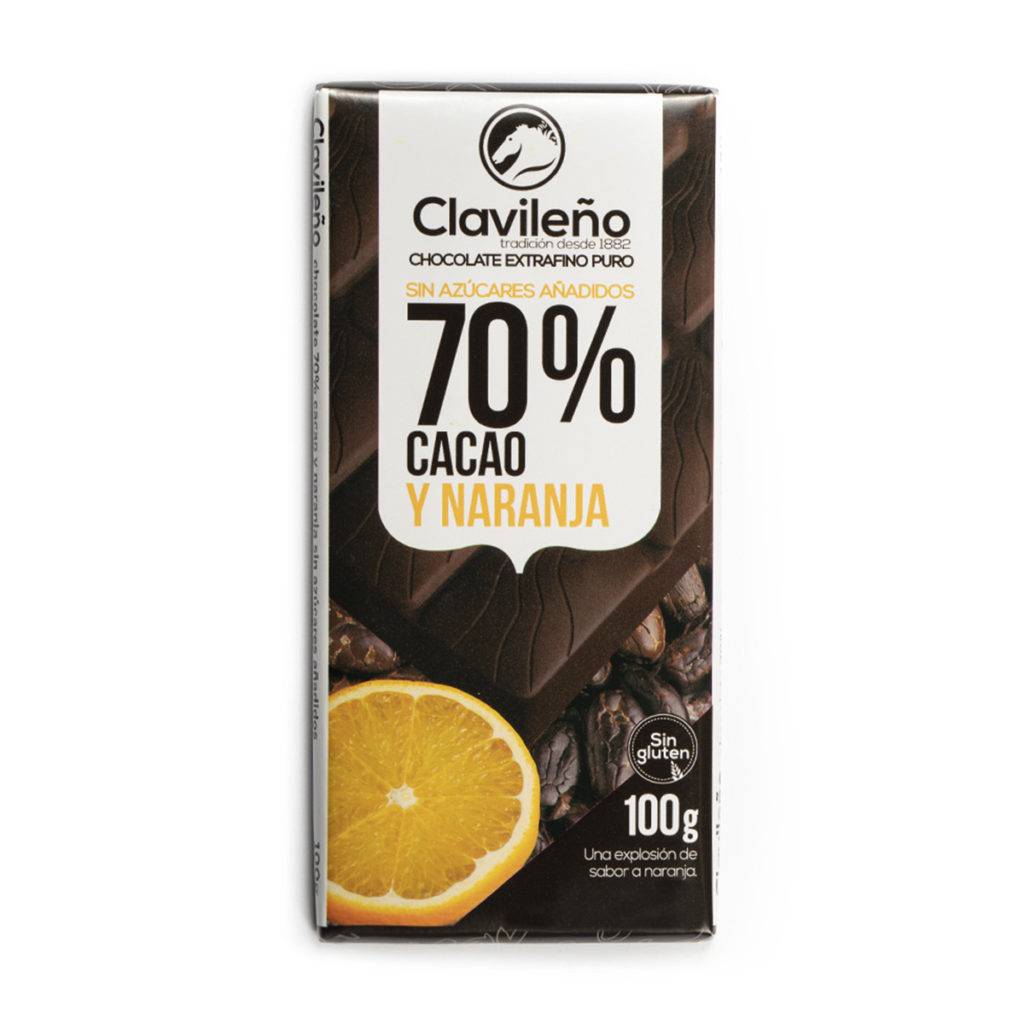 CHOCOLATE CLAVILEÑO 70% CON NARANJA SIN AZUCAR 100GR