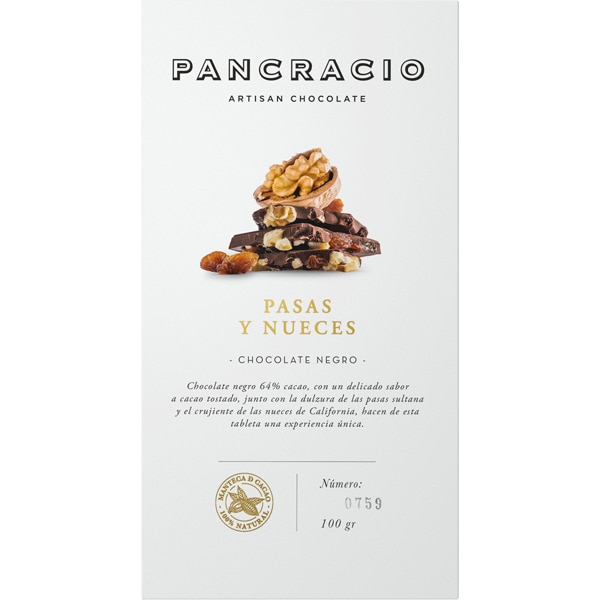 CHOCOLATE PANCRACIO NEGRO CON PASAS Y NUCES 100GR