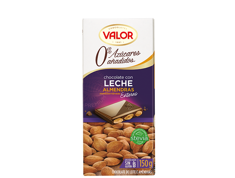 CHOCOLATECON LECHE Y ALMENDRA VALOR SIN AZUCAR 150GR