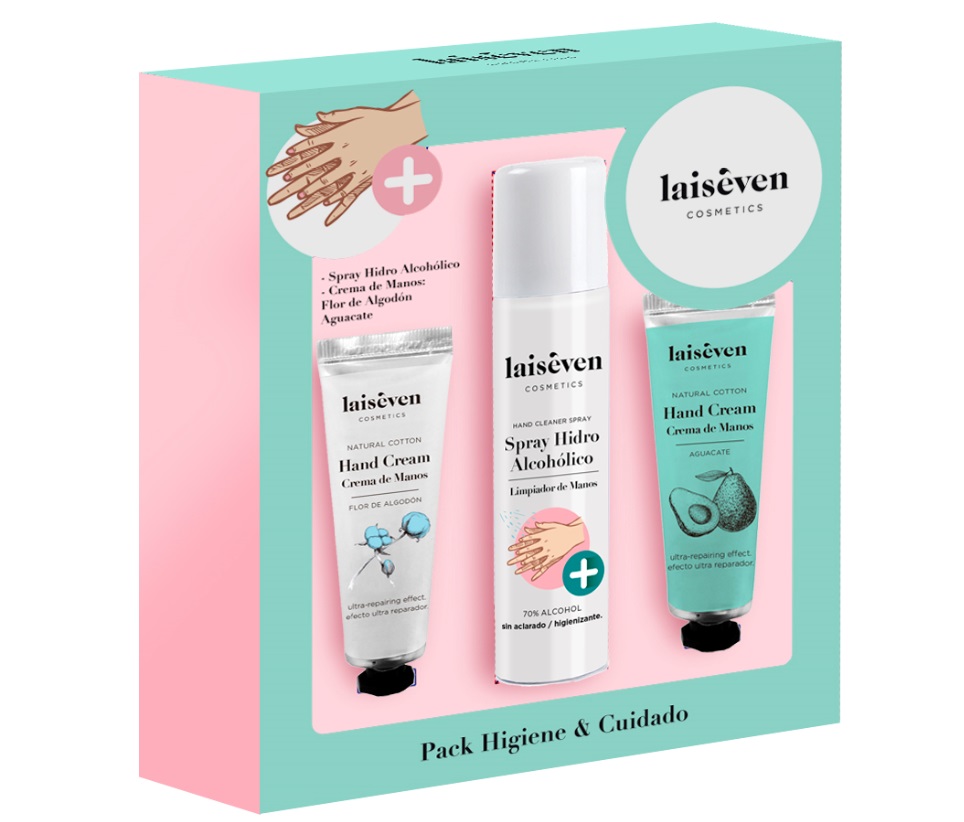 PACK LAISEVEN HIGIENE Y CUIDADO (CREMA DE MANOS FLOR DE ALGODON Y AGUACATE 30ML+SPRAY HIGIENIZANTE 100ML)