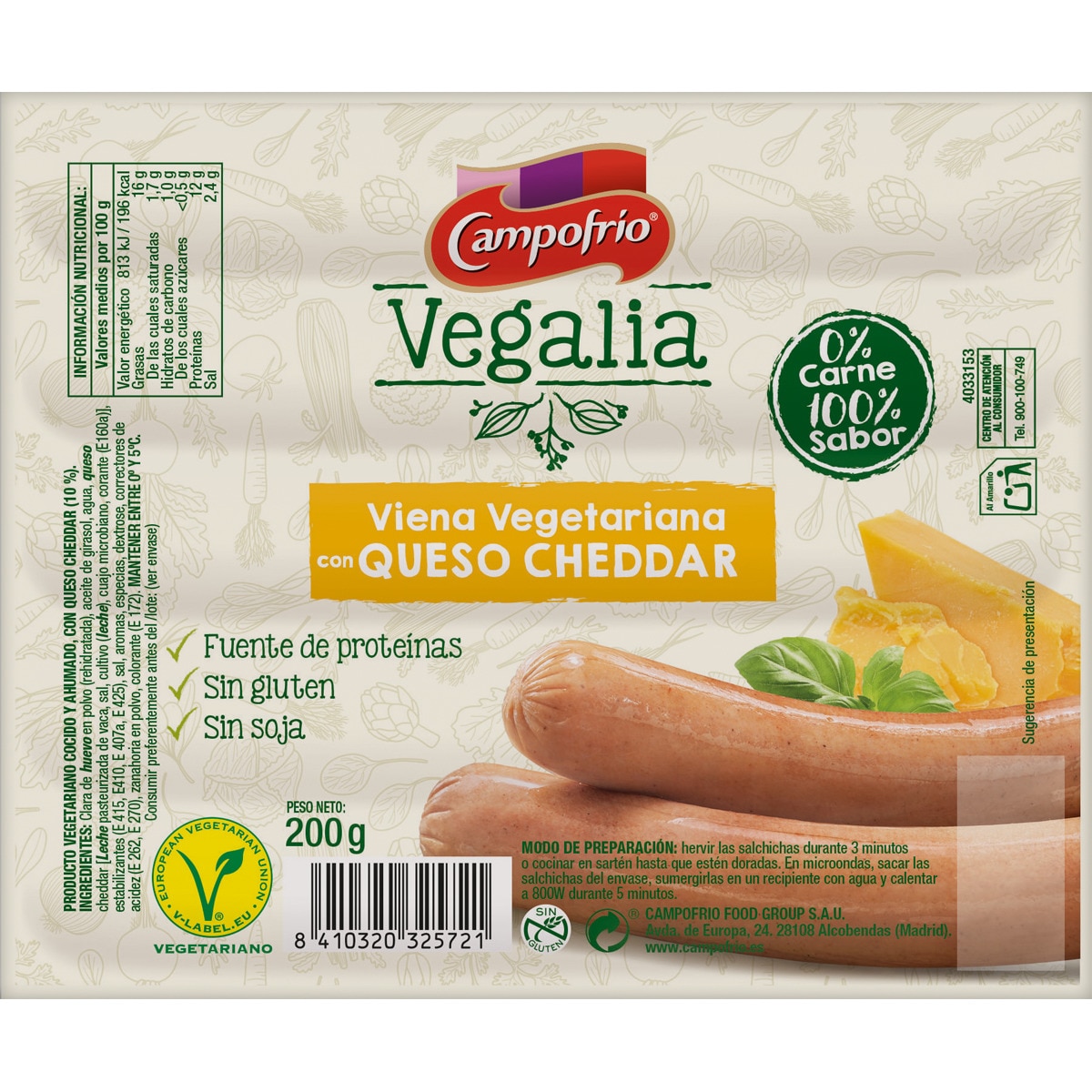 SALCHICHAS VEGETARIANA CON QUESO CHEDDAR CAMPOFRIO 200GRS