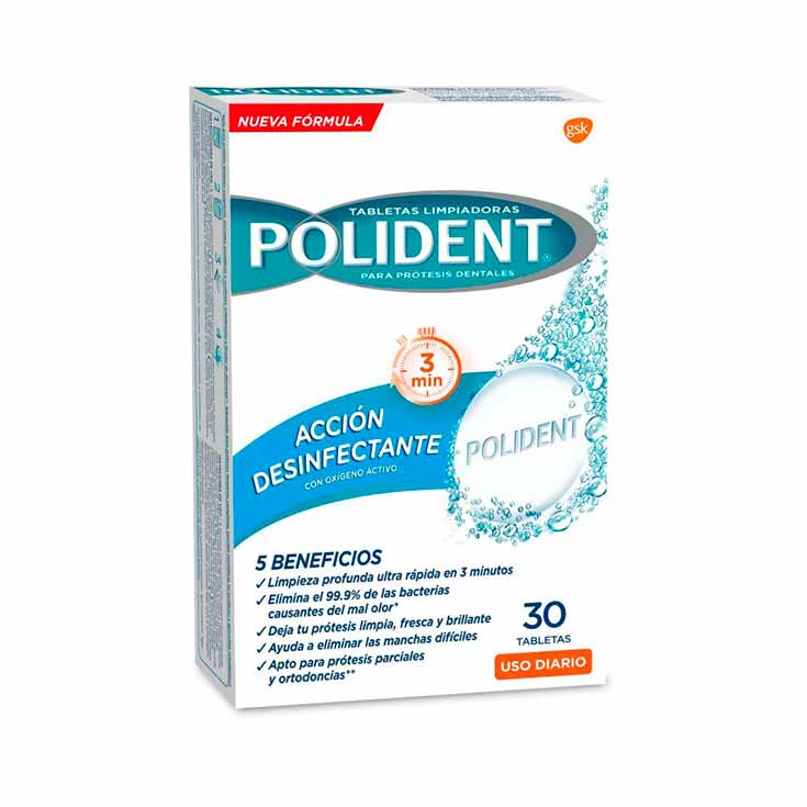 TABLETAS LIMPIADORAS POLIDENT ACCION DESINFECTANTE 30UNI