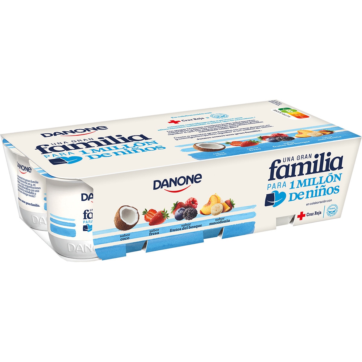 YOGUR DANONE SABOR MACEDONIA, FRUTOS DEL BOSQUE, COCO Y FRESA SIN GLUTEN PK-8 120GRS
